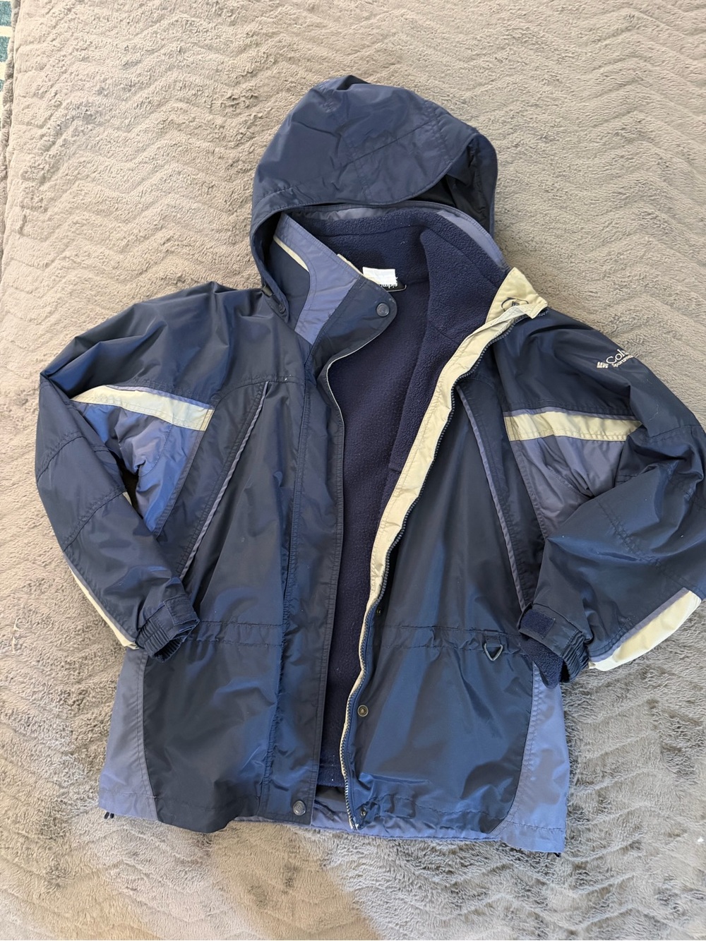 Columbia Navy and Light Blue Hooded ski Jacket-detachable fleece women’smedium